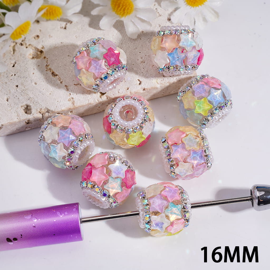 UV Coating Fantasy Iridescent Star Rhinestones with AB Crystals & White Pearl Chains Round Acrylic Beads 16mm Random Mix