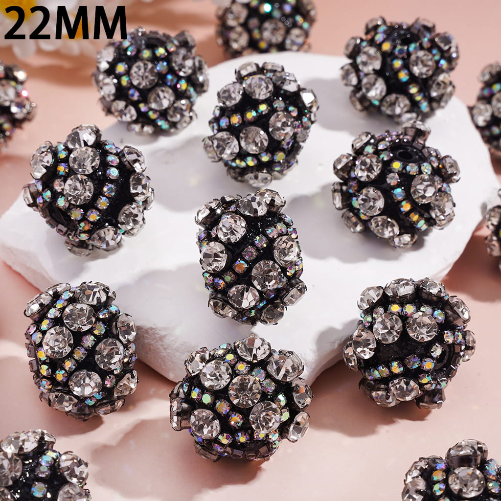 Sparkling Clear Diamond and AB Rhinestone Chains on Black Base Hand-Made Round Acrylic Beads 22MM