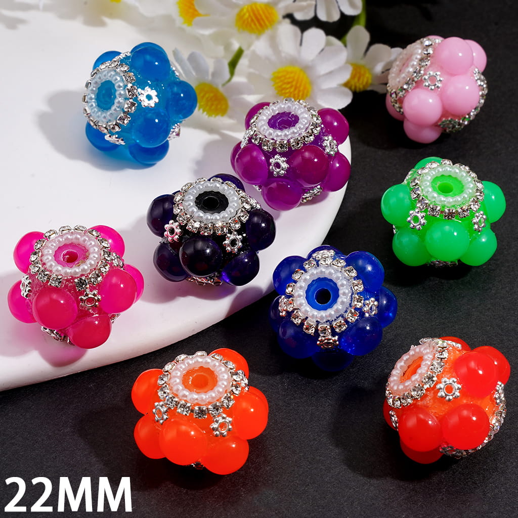 Handcrafted Acrylic Beads with Half Faced Pearls & Silver Metal Flowers, Clear Rhinestone & White Pearl Chains, Neon, 22MM, Random Mix