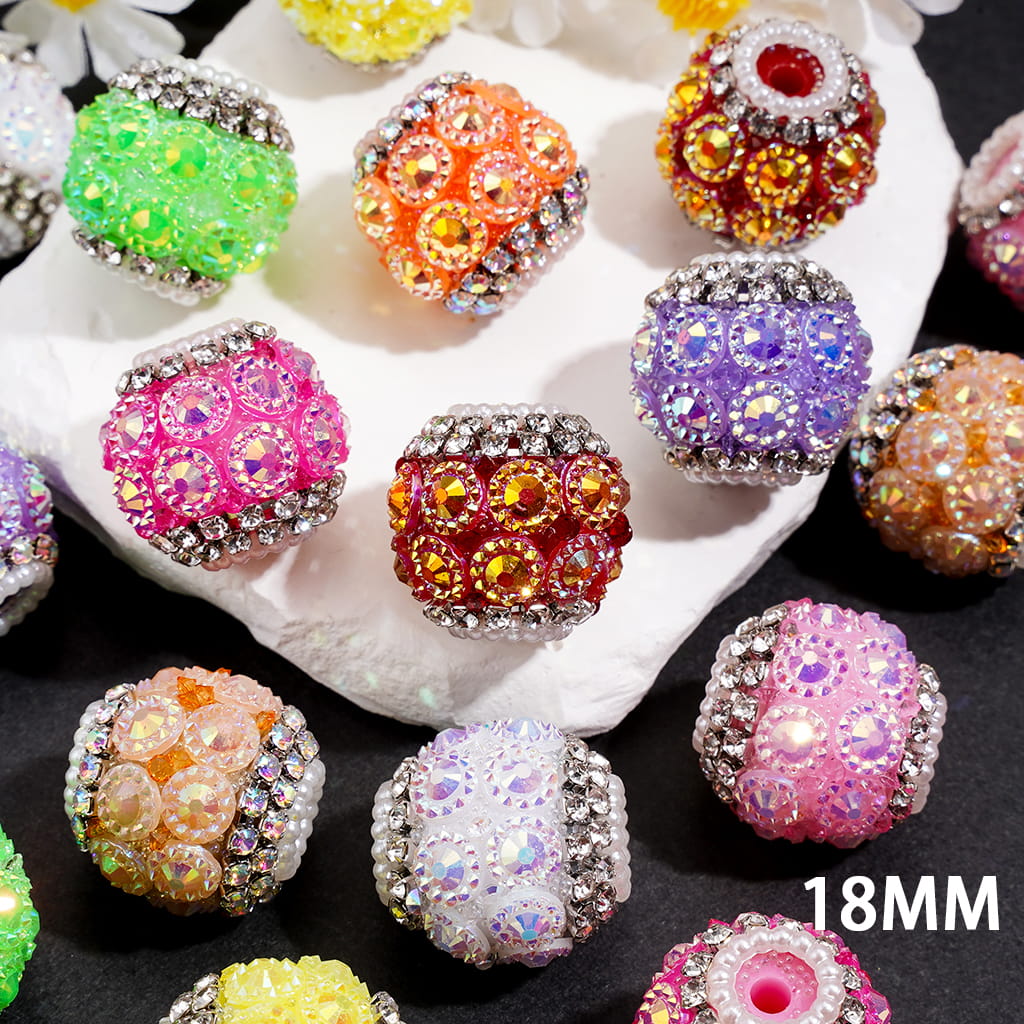 Dazzling Hand-Made Sugar Acrylic Beads w Double-Layer AB & Clear Rhinestones, White Pearl Chain, 18MM, Random Mix