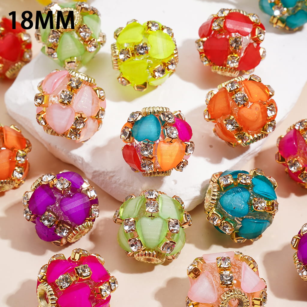 Vibrant Neon Heart Shape Crystal with Clear Rhinestone Chain Gold Metal Frame Hand-Made Acrylic Beads, 18MM Random Mix