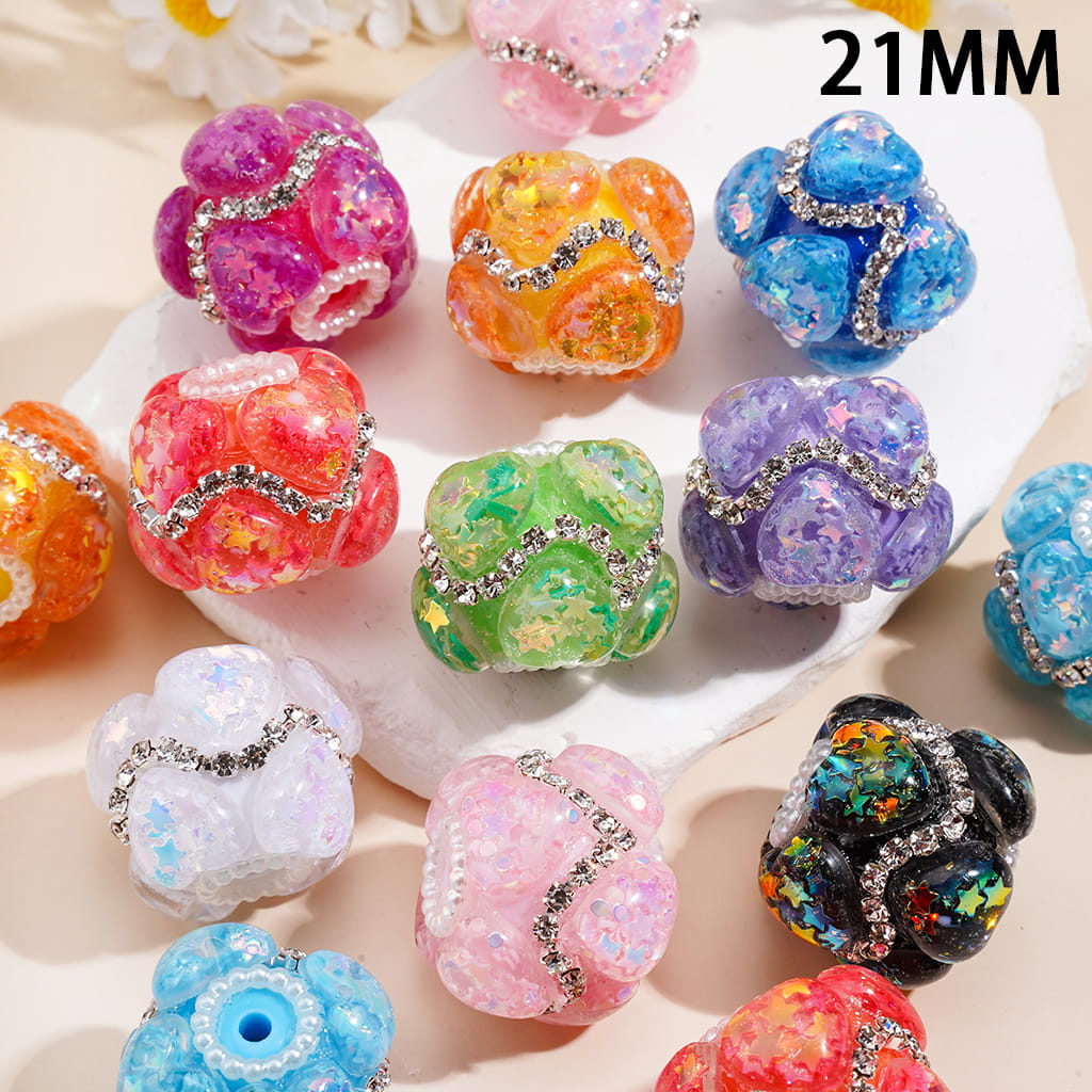 Iridescent Star Glitter, Wavy AB Rhinestone Band & Pearl Trim, Handcrafted Acrylic Beads, 21MM, Assorted Colors