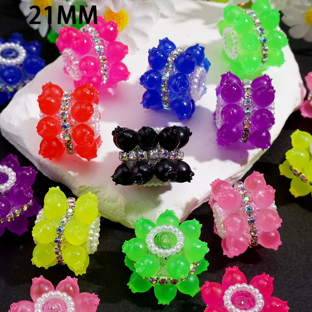 Handmade Acrylic Beads with AB Rhinestone Chains & Blueberry Ball in Neon Colors, White Pearl Loop, 21MM, Random Mix
