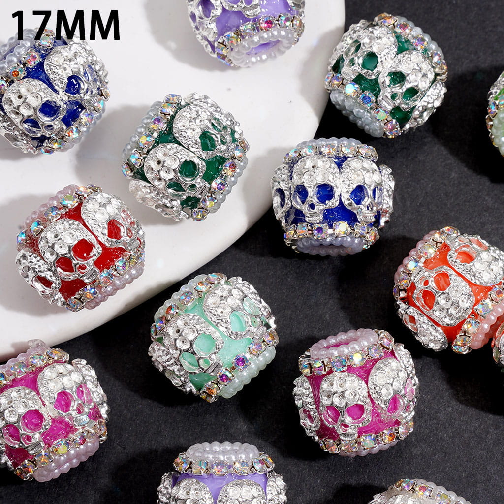 Handmade Acrylic Beads w Siler Metal Skull, AB Rhinestone & White Pearl Chains, 17MM, Random Mix