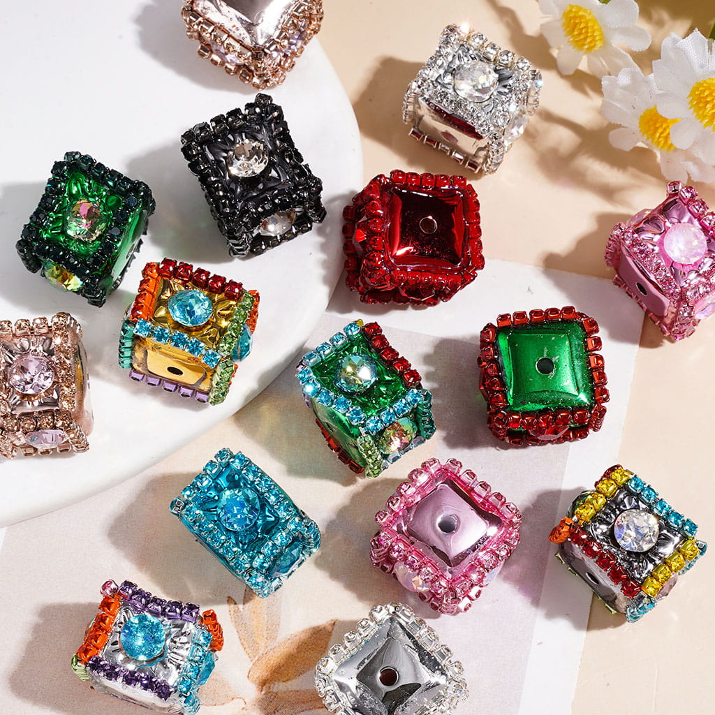 Handmade Metallic Colors Cube Acrylic Beads w Clear Rhinestones Chains & Big Rhinestones, Around 14*18MM, Muti Colors, Random Mix