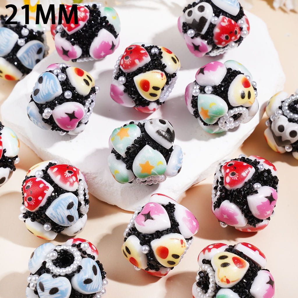 Black & White Floral Heart Pattern, Black Cone Shaped Rhinestones White Pearl Chains, Round Hand-Made Acrylic Sugar Beads, 21MM, Random Mix