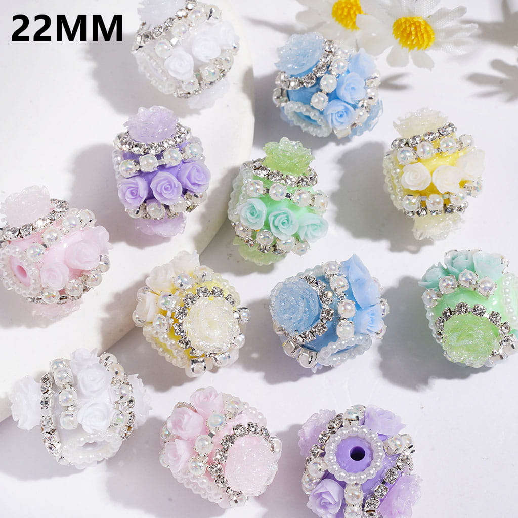 Glitter Big Rose Flower & Small Rose with Silver Metal Chains, Clear Rhinestones & White Pearls, Handmade Acrylic Beads, 22MM, Multi-Color Random Mix
