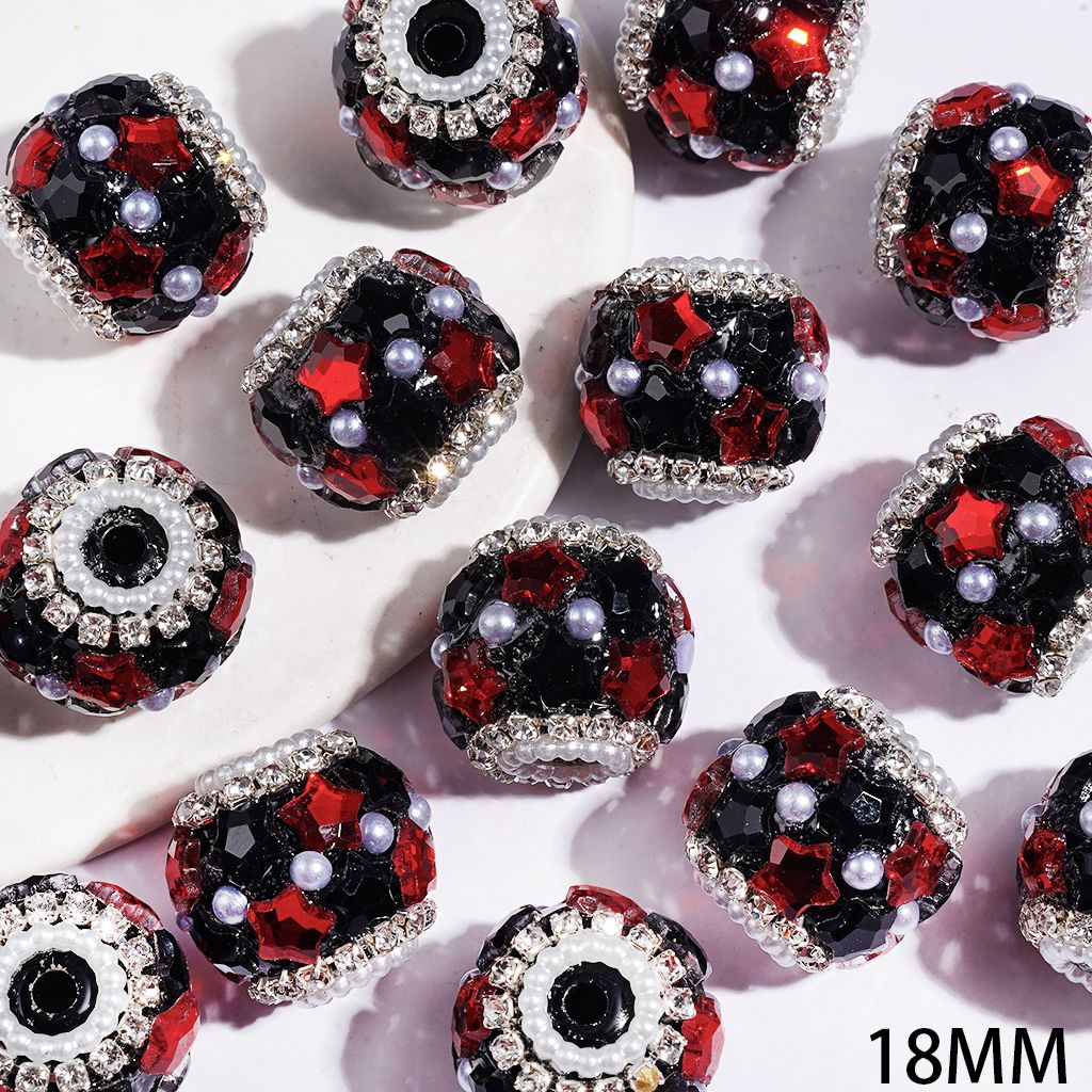 Handmade Acrylic Beads with Black Red Star Rhinestones and Half-Shell White Pearls, Clear Rhinestone and White Pearl Chains, 18MM