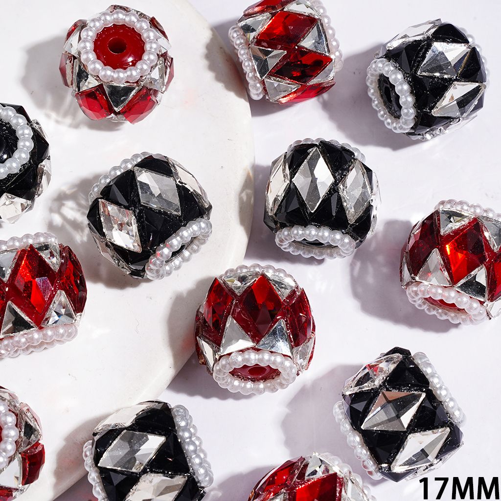 Handmade Acrylic Beads with Black Clear Triangular and Red Clear Diamond Shaped Rhinestones, White Pearl Chains, 17MM Random Mix