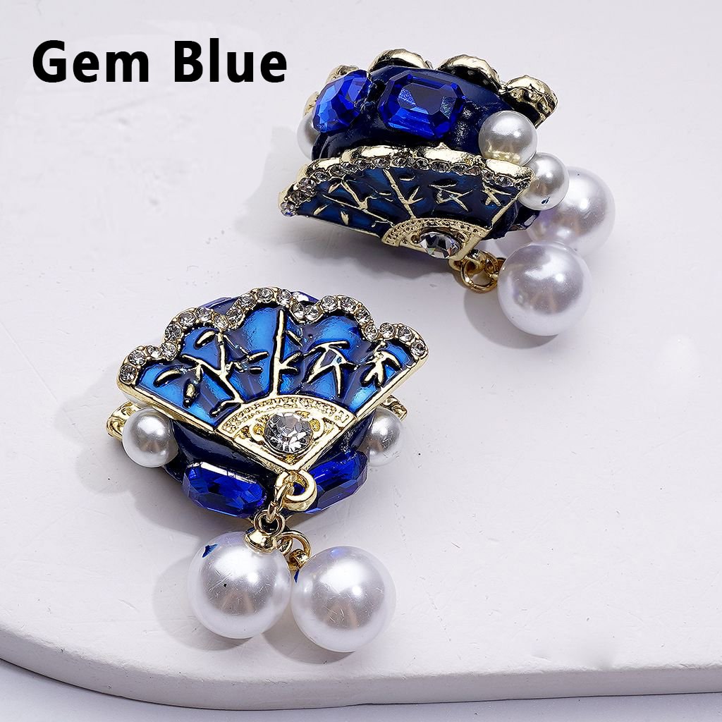 Elegant Gold Vintage Fan Charm with Bling Bling Rhinestones White Pearl Accents Pendants and Clay Beads Approx 30x24mm