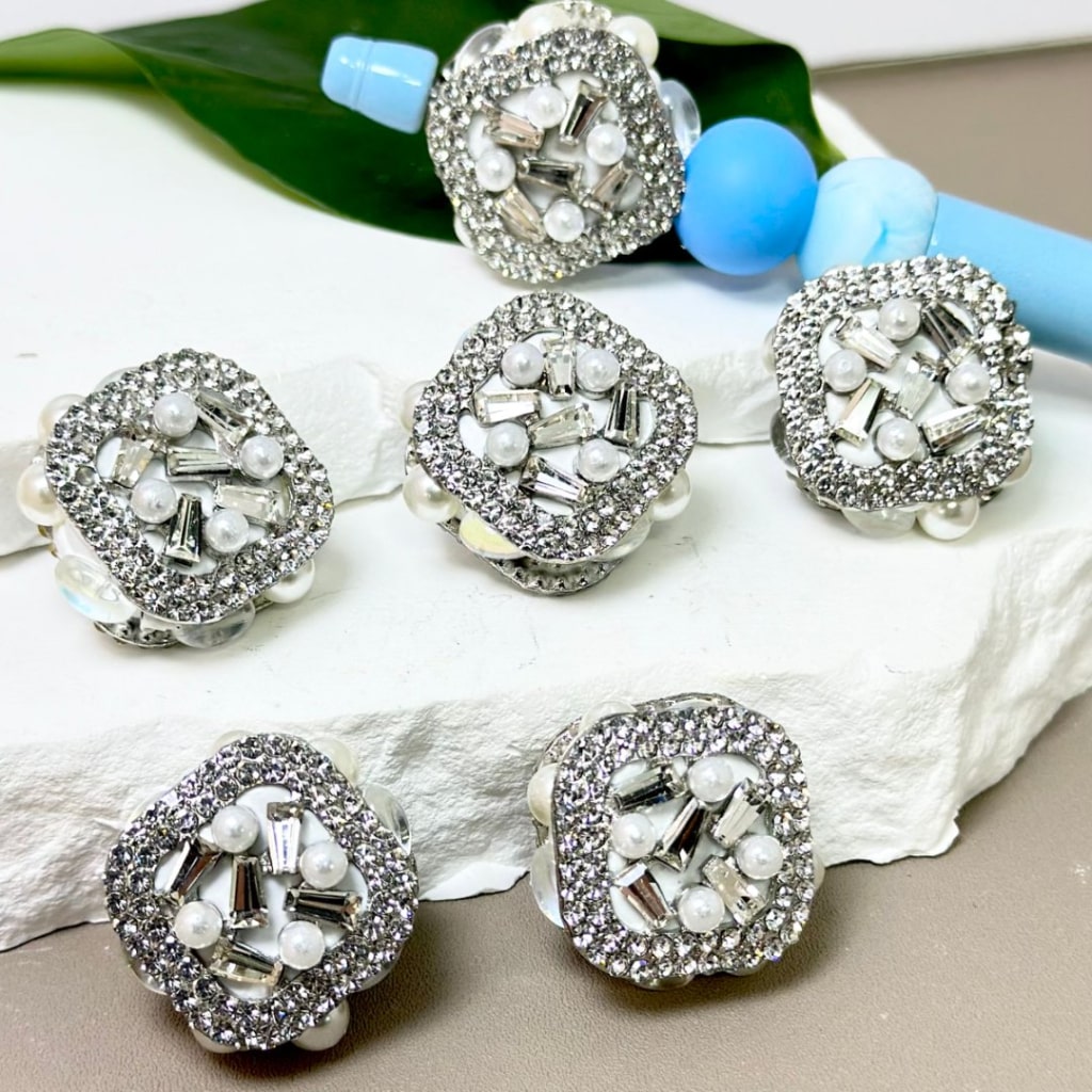 Silver Alloy Bling Bling Fancy Square Frame with White Pearls, Clear Mini Rhinestones, Oval Pearls, and Clay Beads Around 26MM