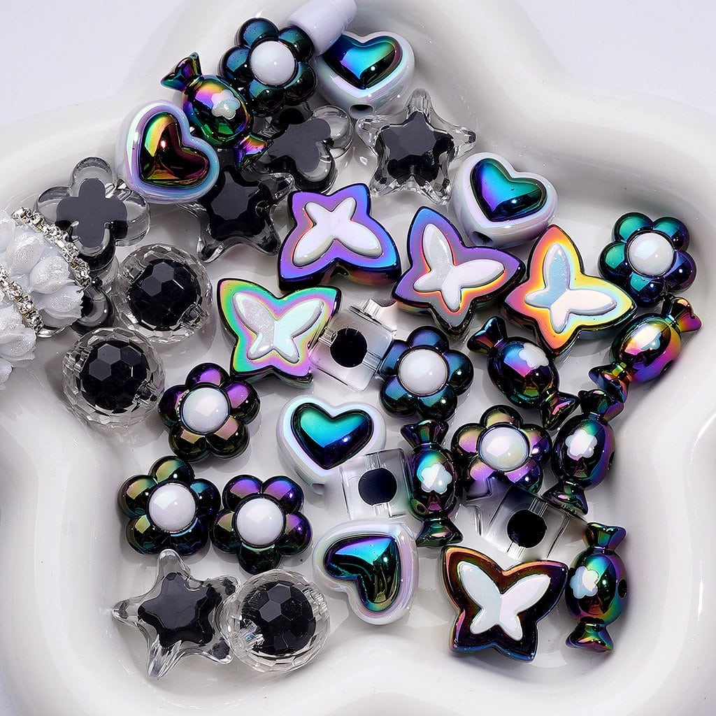 UV-Coated Clear White & Black Acrylic Beads – Mixed Candy, Cube, Heart, Star & Butterfly Designs