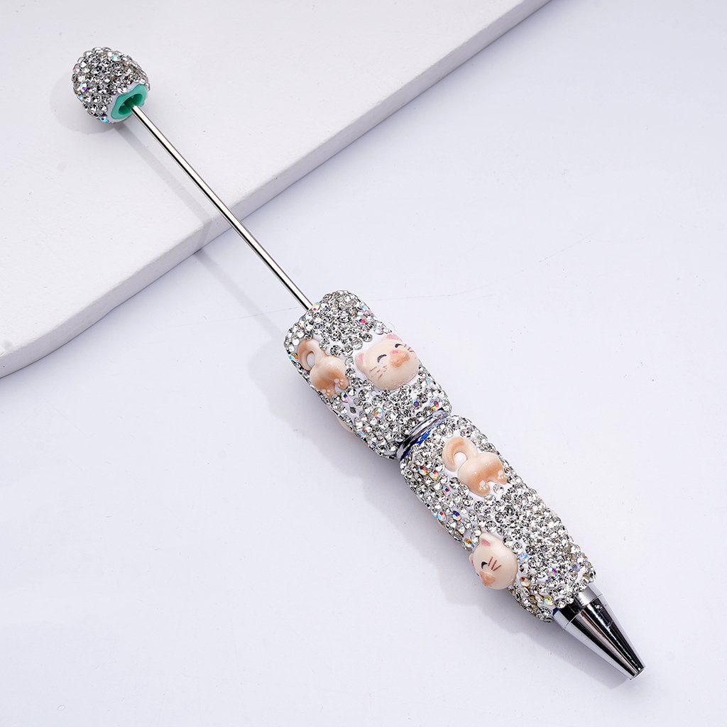 Clay Beadable Pens Adorned with Colorful Flowers, Sparkling Rhinestones & Tiny Black Snowballs