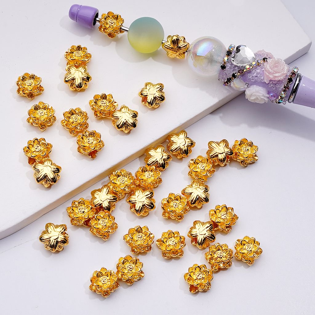 Lotus Flowers Beads Fancy Gold Alloy Jewelry Accessories 10MM