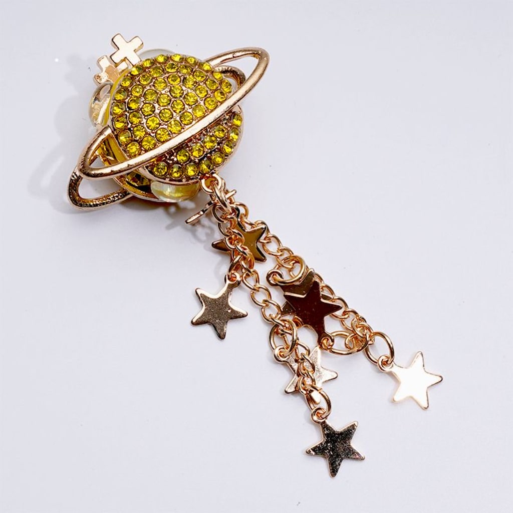 Fancy Gold Alloy Cross Star Chains Planet Saturn with Colorful Shiny Rhinestones Clay Beads, Around 37*85MM