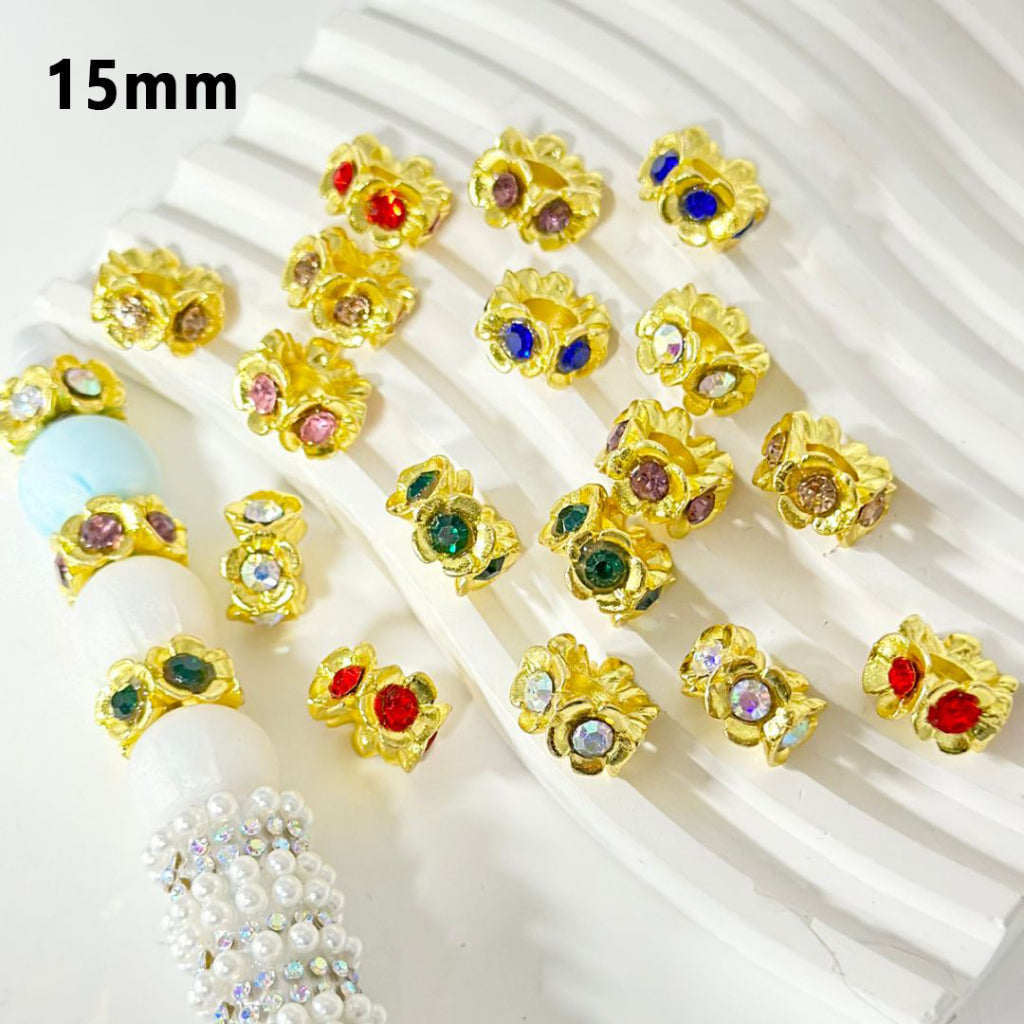Gold Color Beadable Metal Flower Spacer with Colorful Rhinestones, 15MM