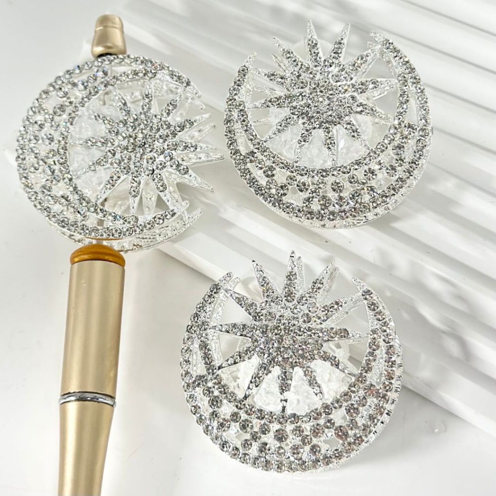 Silver Alloy Delicate Crescent Moon and Sun with Mini Clear Rhinestones, Clear Oval Pearls, and Clay Beads, Around 45*45MM