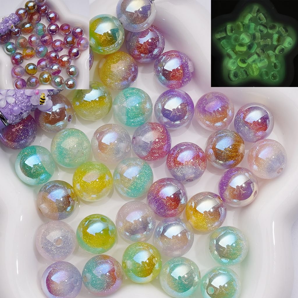 Gold Shiny Glitter Inside Luminous & Color Changing Round Acrylic Beads, 16MM, Random Mix