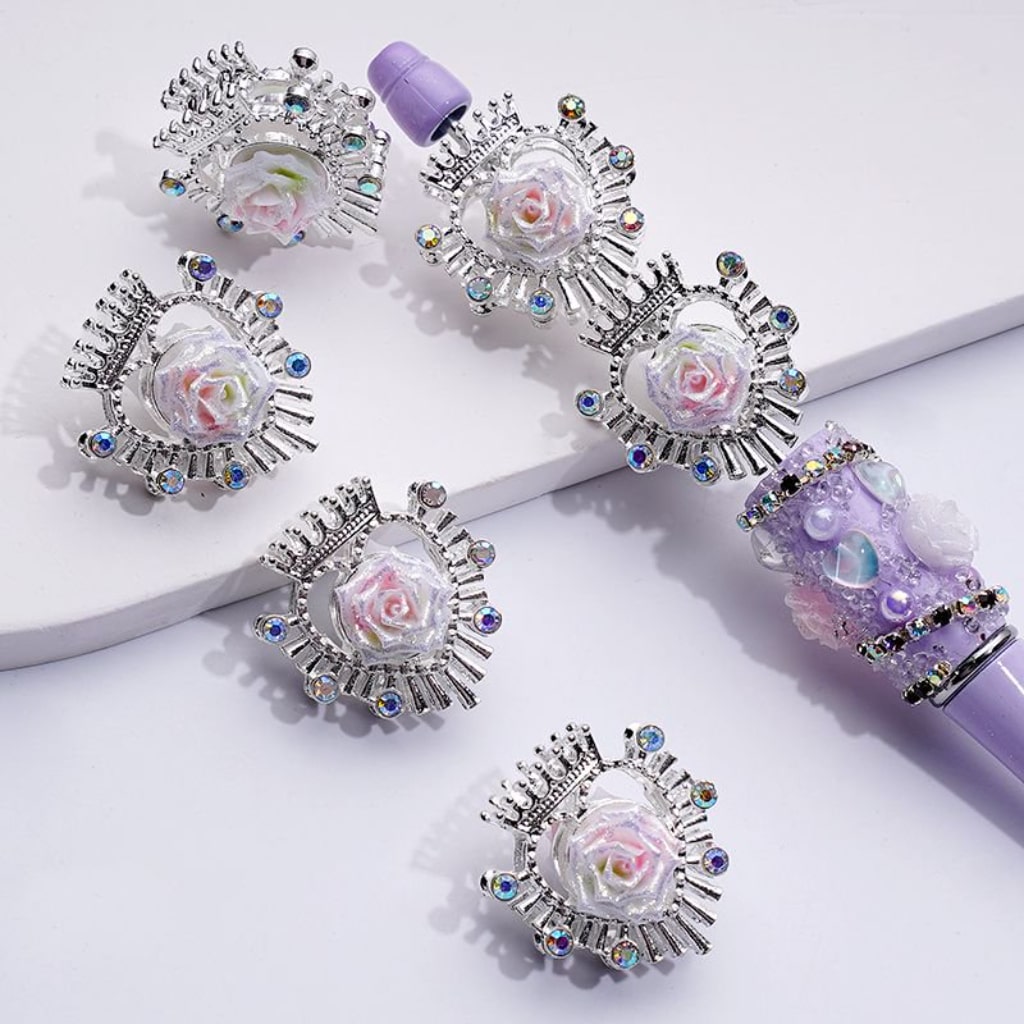 Blinging Silver Alloy Heart Beads with AB Rhinestones & Soft Rose Flower Design Glittery 26x24MM