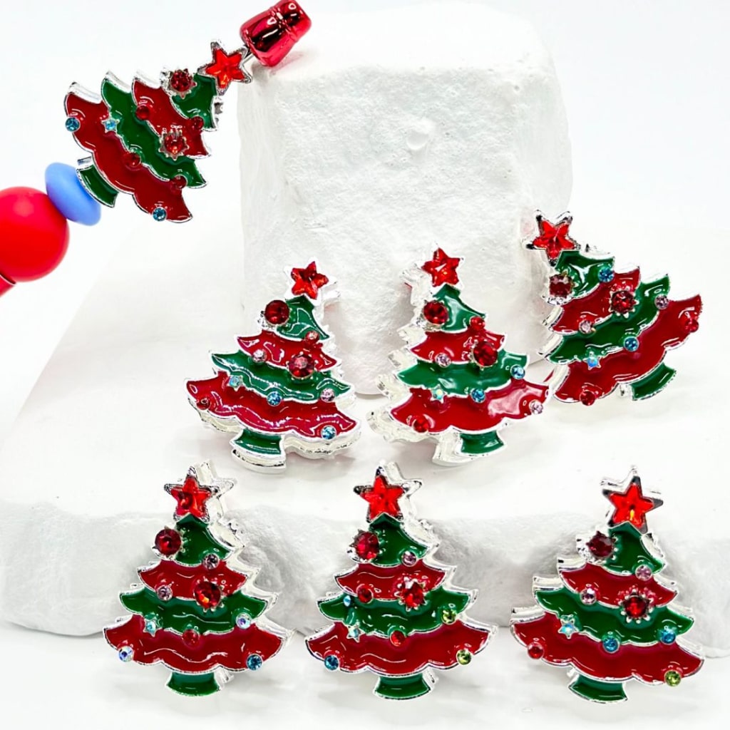 Mini Stars with Vivid Red Green Alloy Christmas Tree Beads, Around 34*28MM