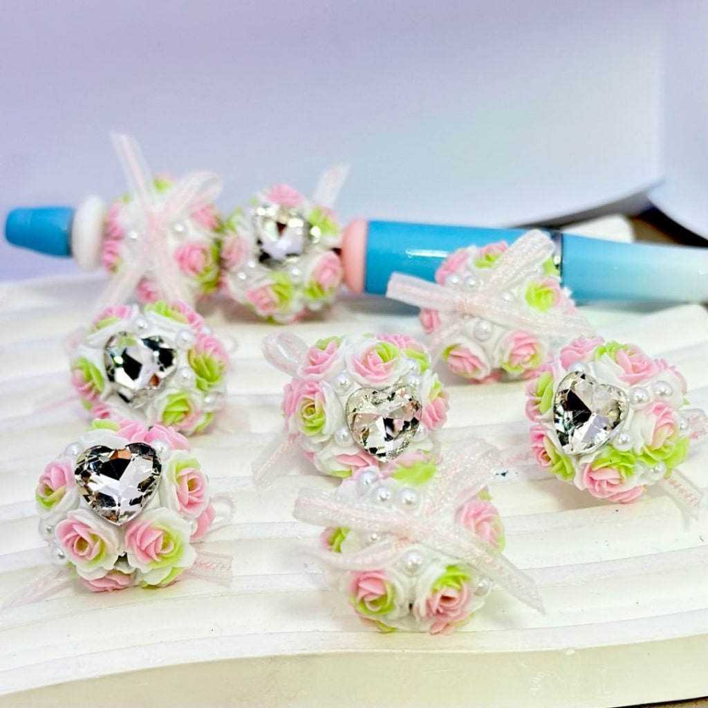 White Round Clay Beads with Mini Flowers, Clear Heart Diamond, Pink Ribbon, and White Pearls Around 20MM