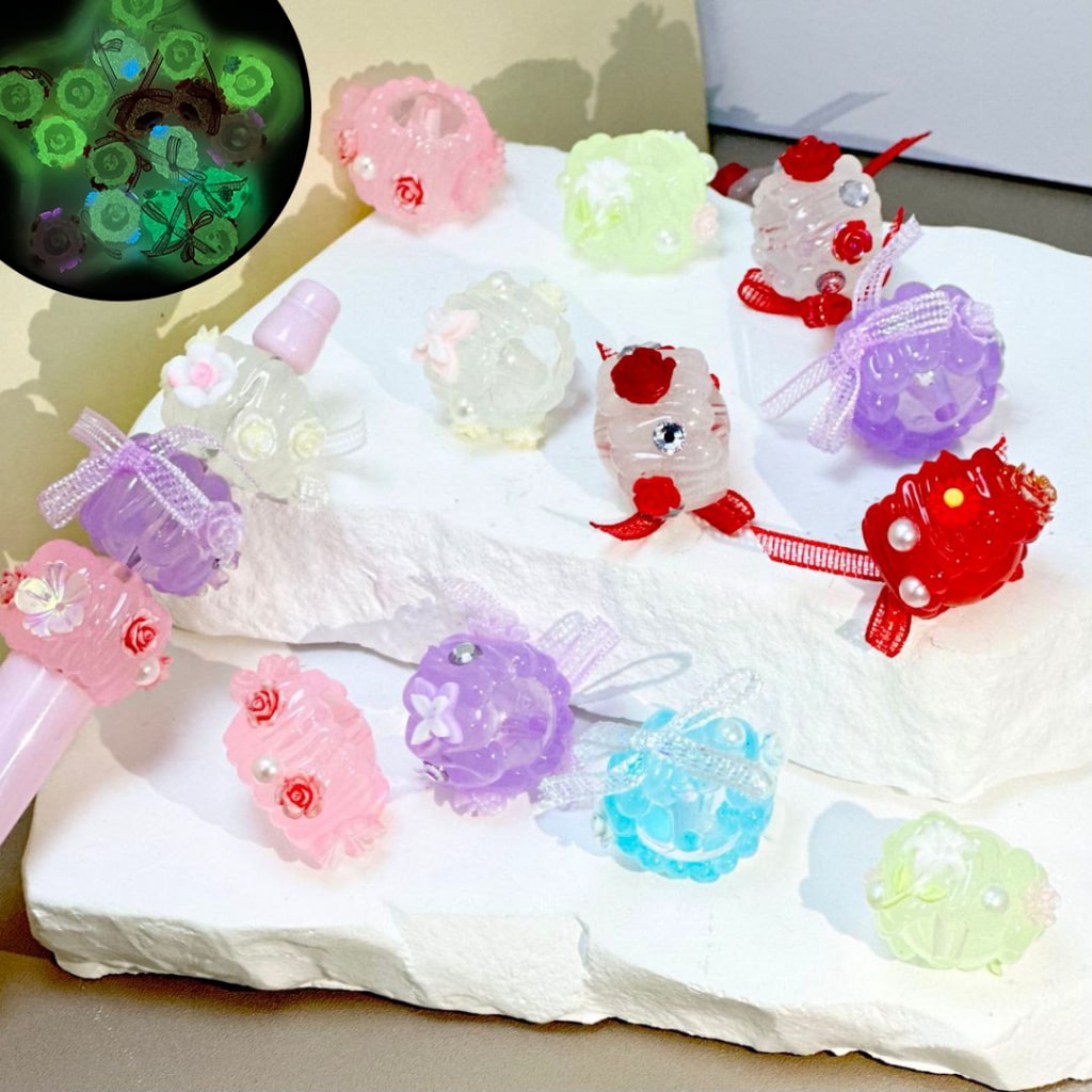 Luminous Mini Flowers Colorful White Pearls Clear Rhinestones Round Acrylic Beads, Around 18MM