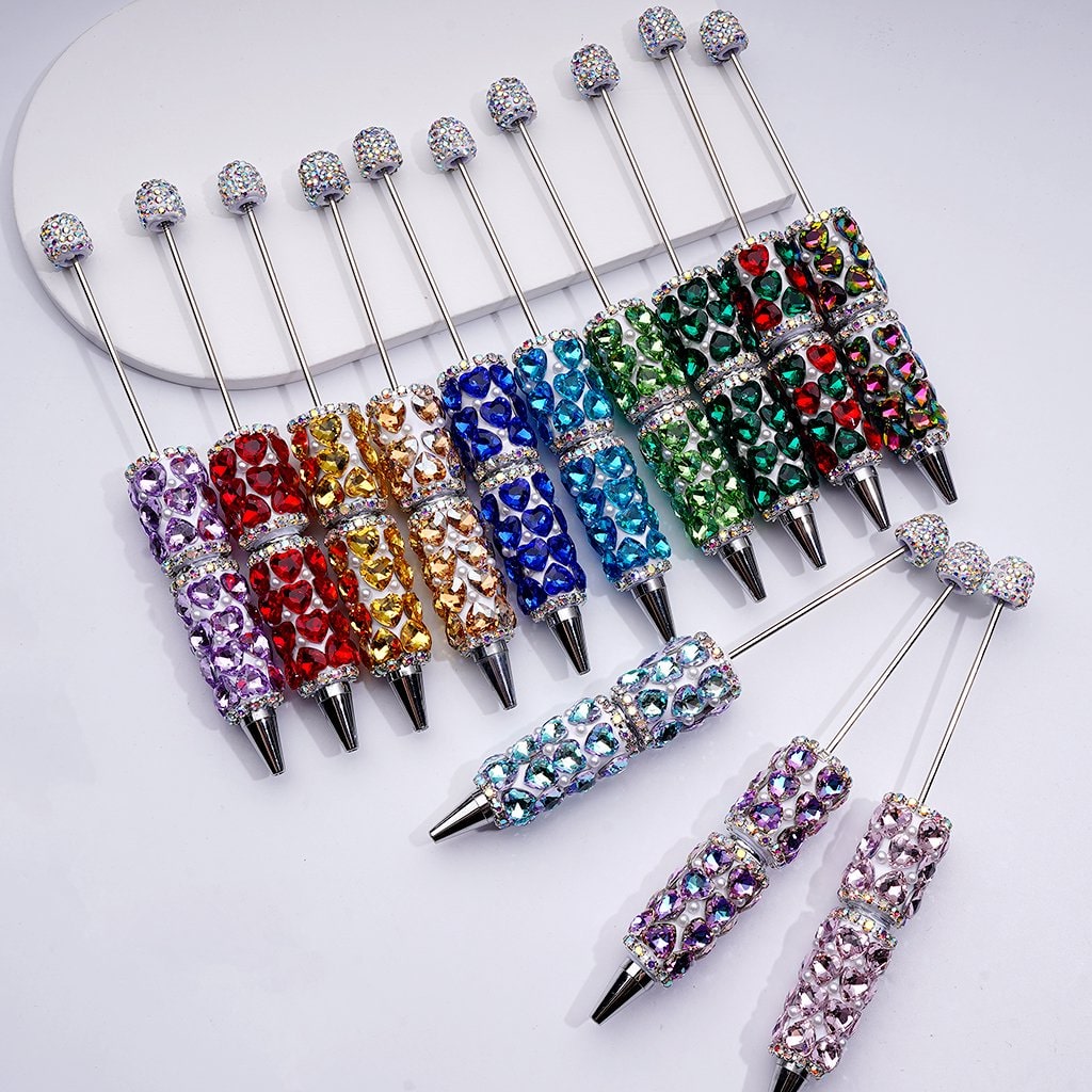 Beadable Clay Pen with Colorful Shiny Hearts, White Pearls & AB Rhinestone Chain DIY Glam Stationery