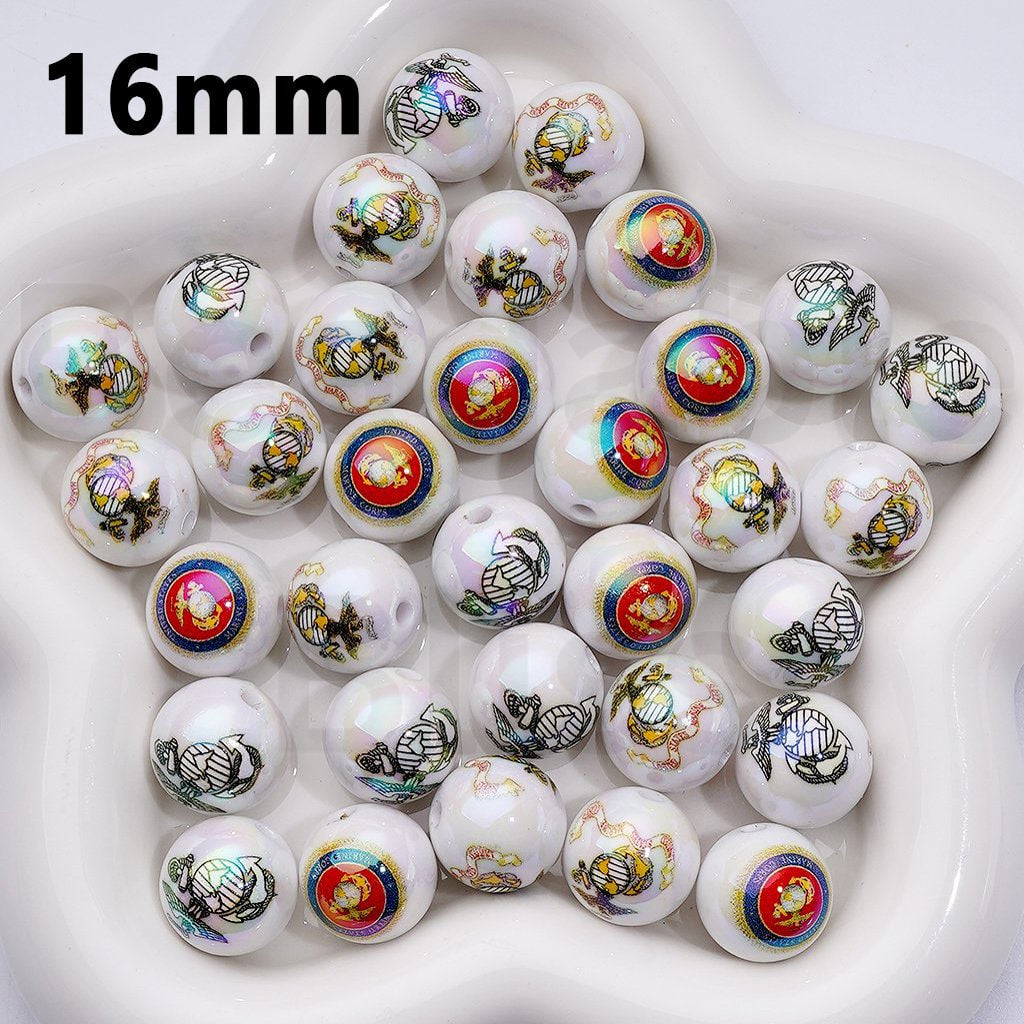 Patriotic Marine Corps UV Coated Acrylic Beads USA Theme, 16MM, Random Mix