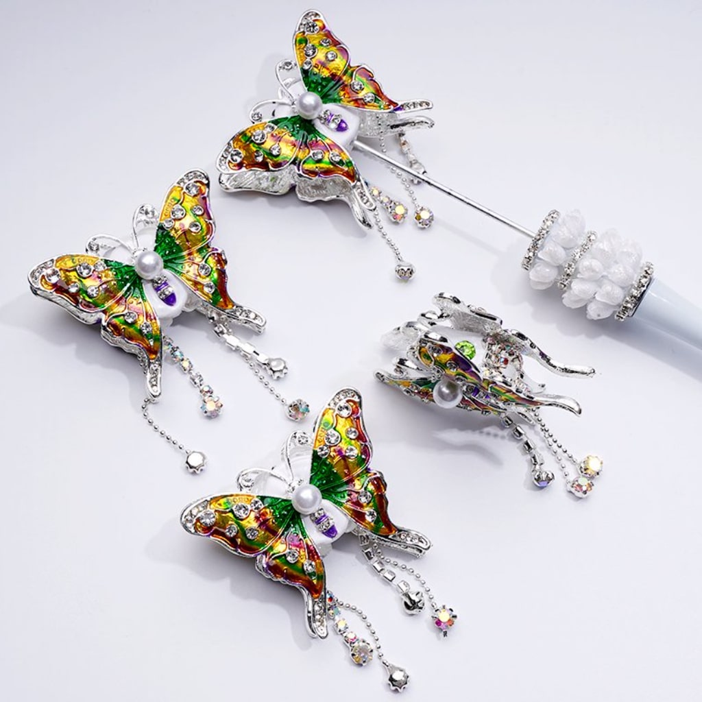 Colorful Alloy Butterfly Bling Bling Fancy Silver with Clear AB Rhinestones Chains White Pearls Clay Beads, Around 50*42MM