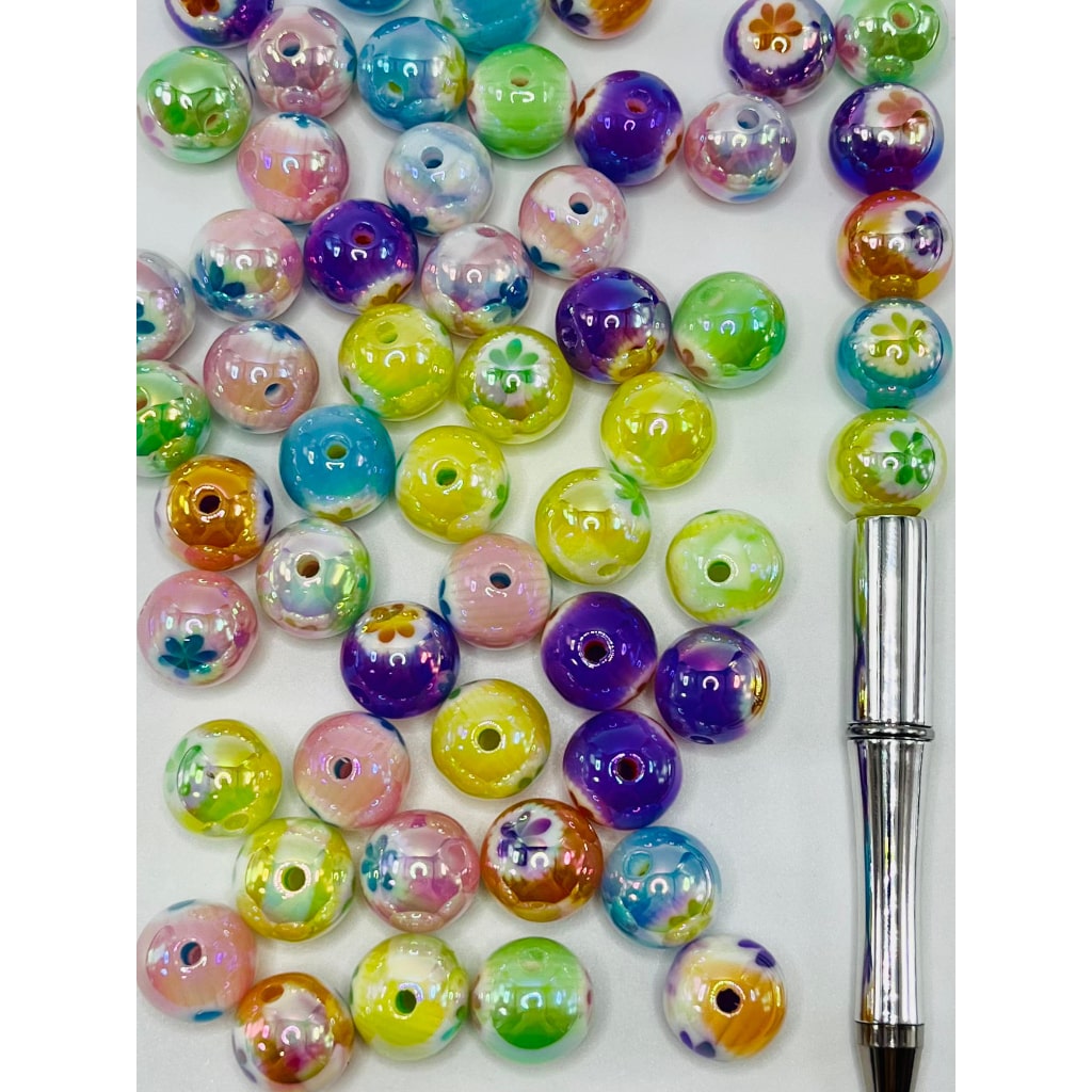 Double Sided Cute Flowers, UV Finish, with Glossy Acrylic Beads 16 mm, Random Mix, ALX