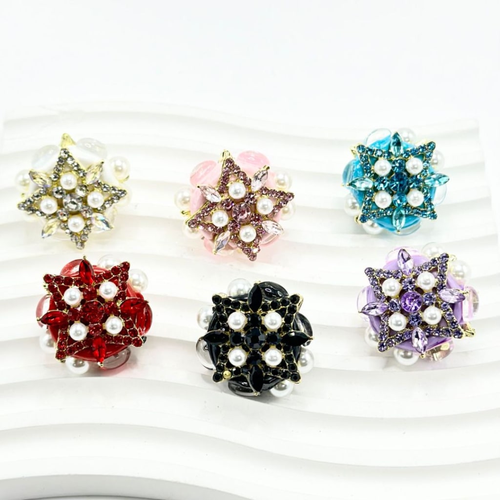 Gold Alloy Flower with Bling Bling Multi-Color Rhinestones, White Pearls, and Clay Beads, Around 27MM