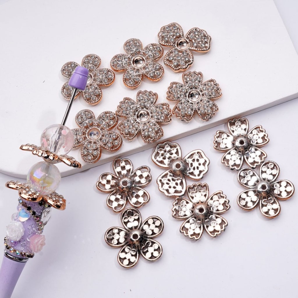 Gold Acrylic Flower Spacer with Large Petals Jewelry Accessory Featuring Clear Rhinestones, Random Mix, Approx. 30MM