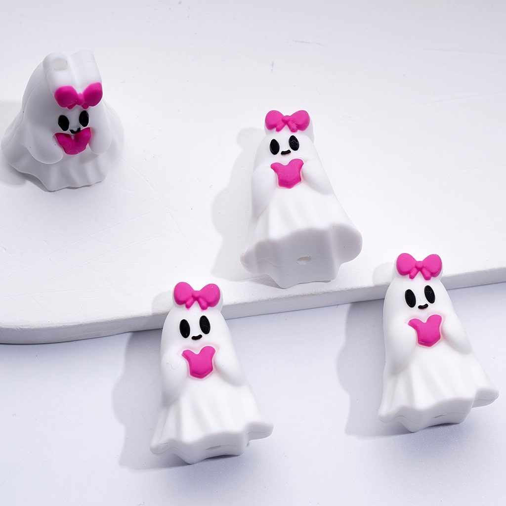 3D Cute White Ghost with Pink Heart Bowknot & Pumpkin Halloween Silicone Focal Beads