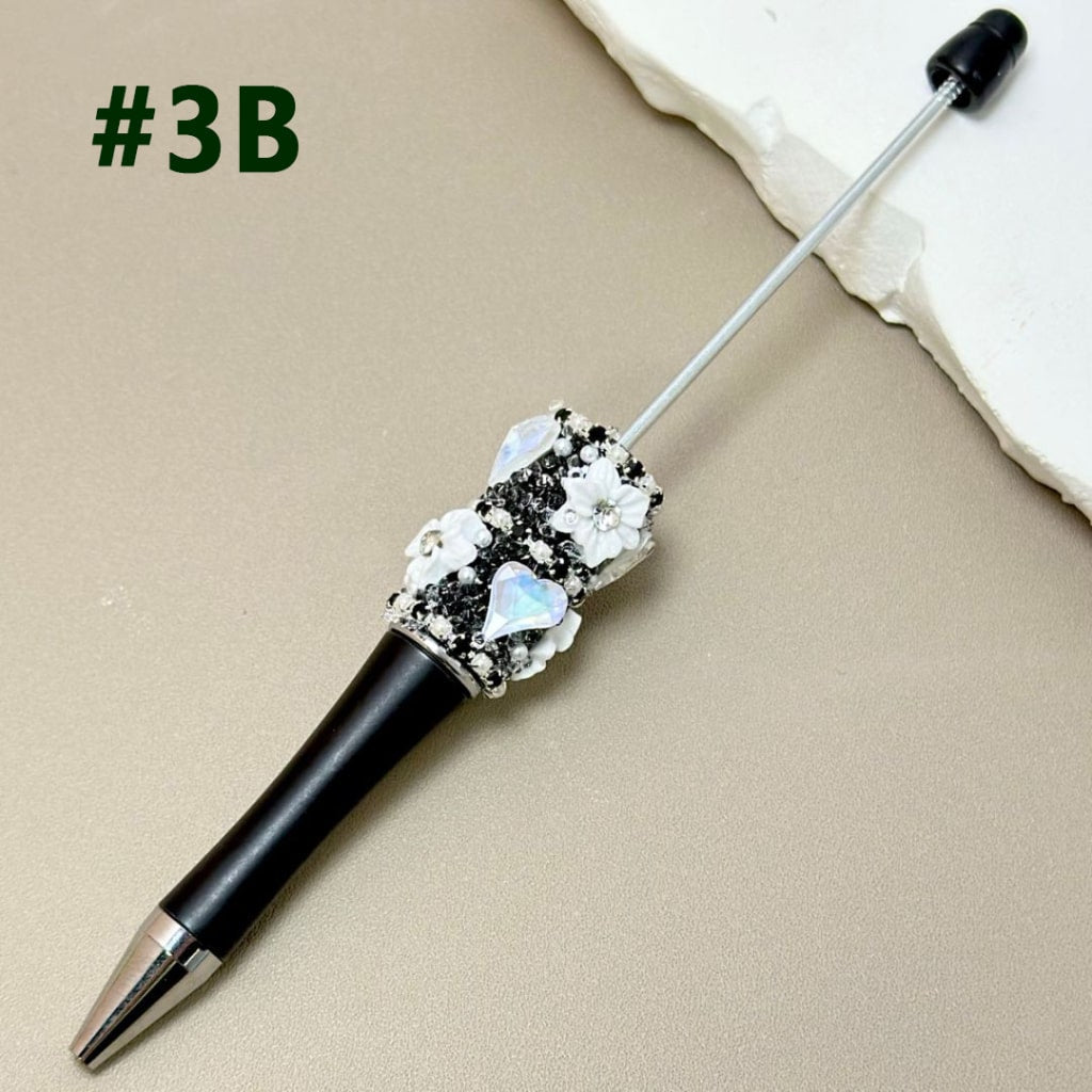 White Pearl & Rhinestone Chain Beadable Pen with Colorful Mini Flower Heart Rhinestone in Solid Color