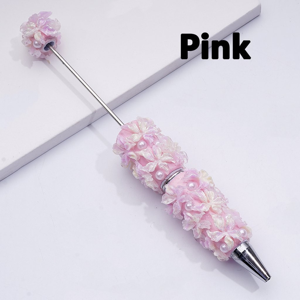 Beadable Clay Pen with Luminous Glitter Flowers & White Pearls Solid Color Craft Pen