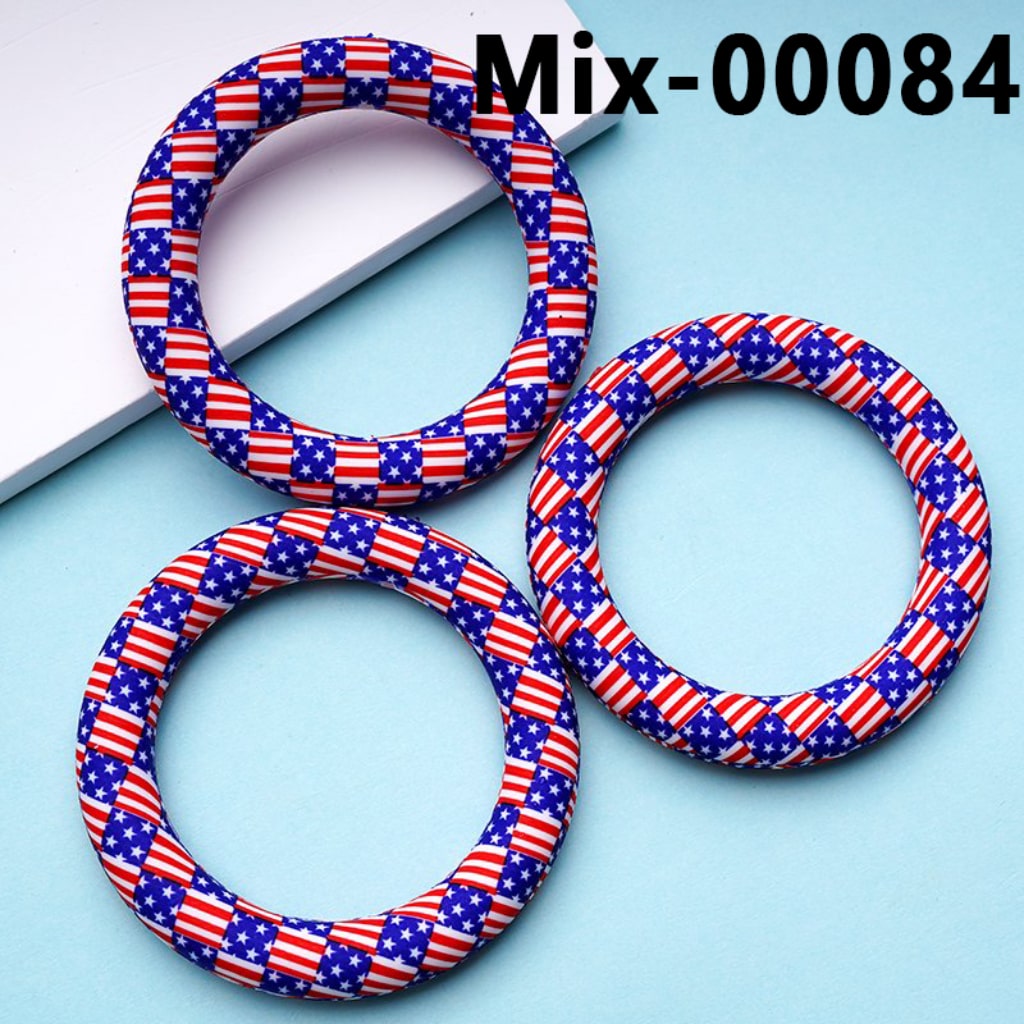 Prints Silicone Ring Frame Bead USA America National Flag Circle Round Soft Car Hanger Charm Loop 65mm