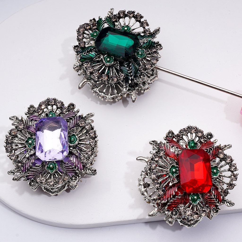 Silver Alloy Vintage Brooch with Large Rectangle Rhinestones Oval Pearls Clay Beads Fancy Bling Bling Around 38x24mm