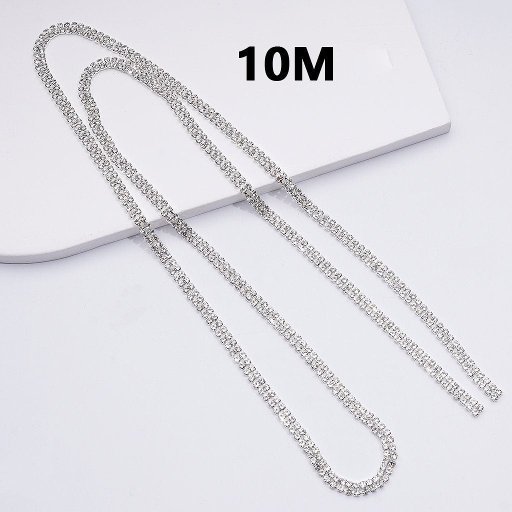 Silver Alloy Metal Double Rows Clear Rhinestones Chains Jewelry Accessories 10MM