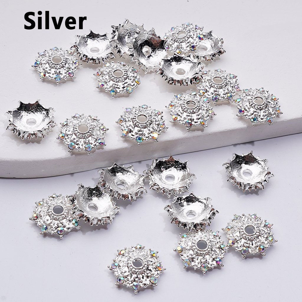 Snowflake Spacer Beads in Gold, Silver, and Gunmetal Alloy with AB Rhinestones, 14MM