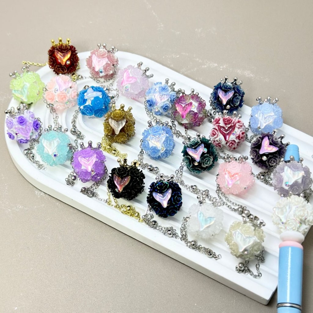 Silver Alloy Crown Chains with Bling Bling Glittery Flowers, AB Rhinestones, Colorful Heart Rhinestones, and Round Clay Beads 20MM Please Read the Description