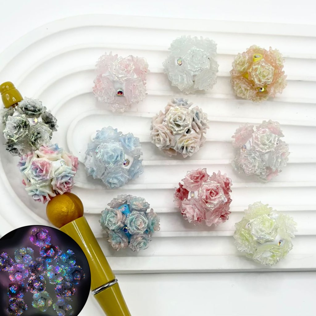 Ombre Color Luminous Glitter Flowers AB Rhinestones Round Clay Beads, Random Mix, Around 24MM
