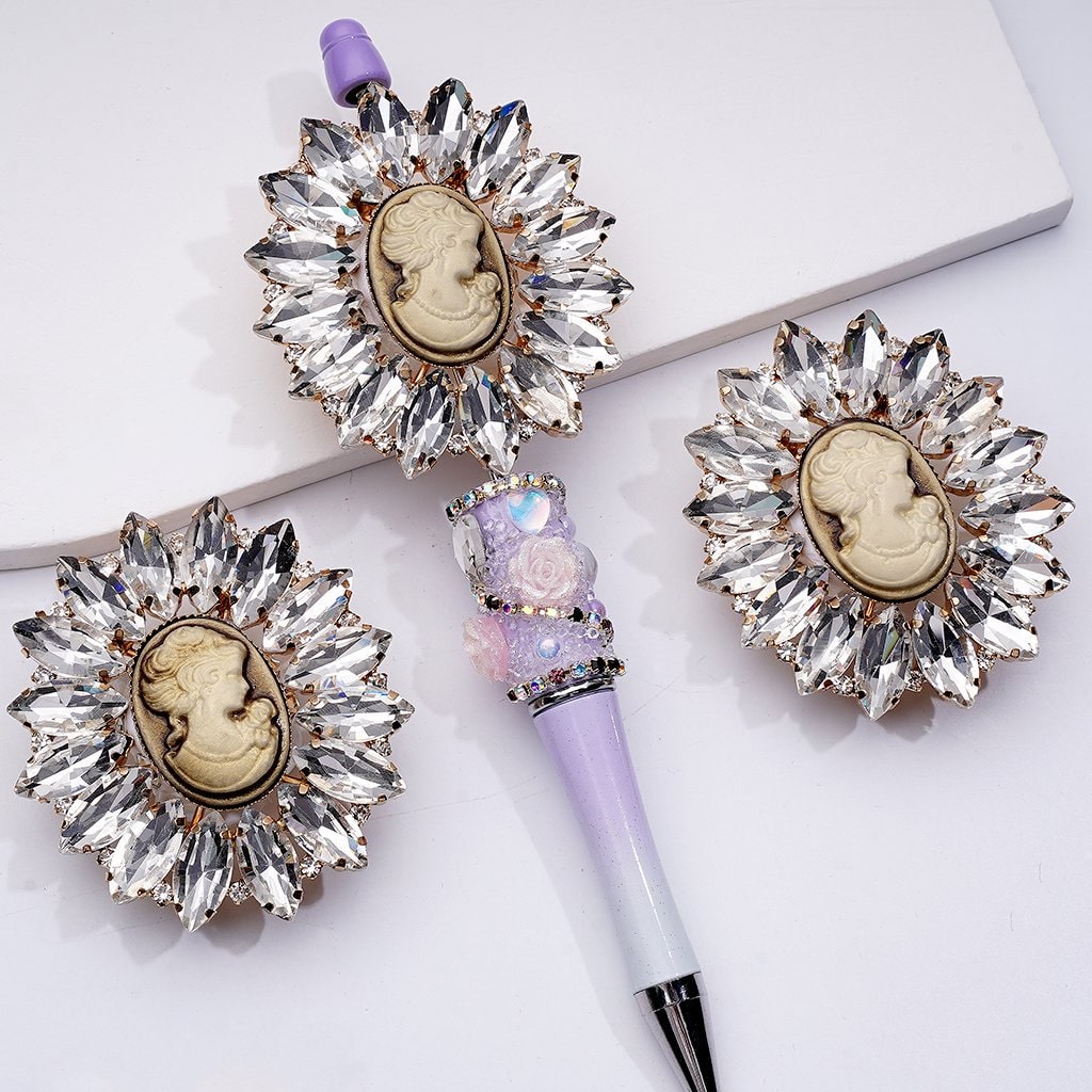 Vintage Baroque Girl Brooch with Ring Gold Alloy, Rhinestones & Clay Beads with Butterflies, Hearts & Snowflakes, 48*53MM
