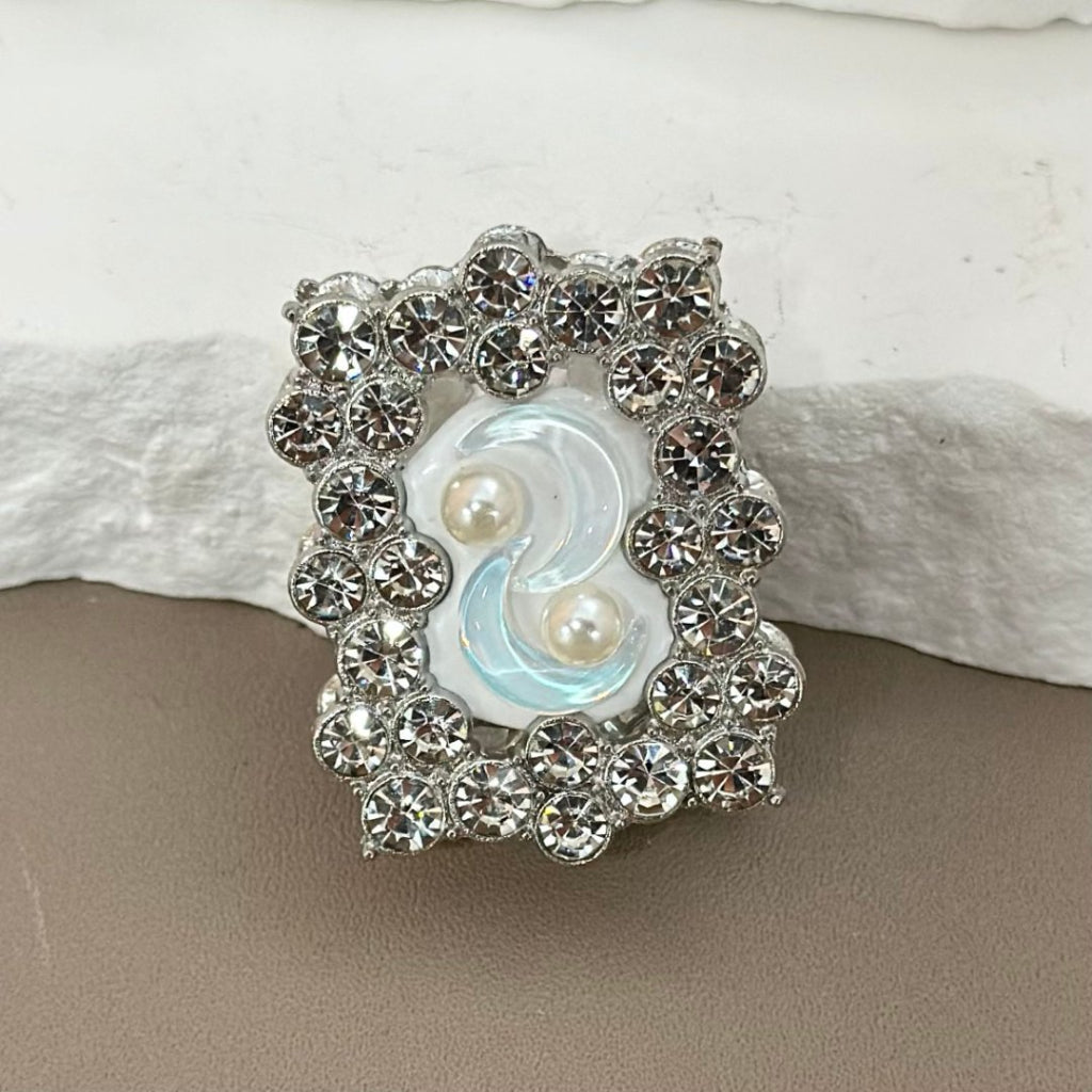 Silver Alloy Fancy Rectangle Frame with Colorful Rhinestones, White Pearls, Clear Crescent Moon, and Clay Beads Around 37*29MM