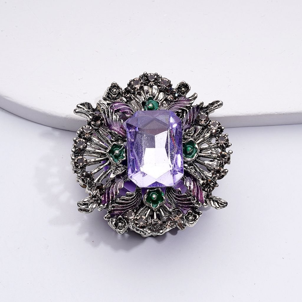 Silver Alloy Vintage Brooch with Large Rectangle Rhinestones Oval Pearls Clay Beads Fancy Bling Bling Around 38x24mm