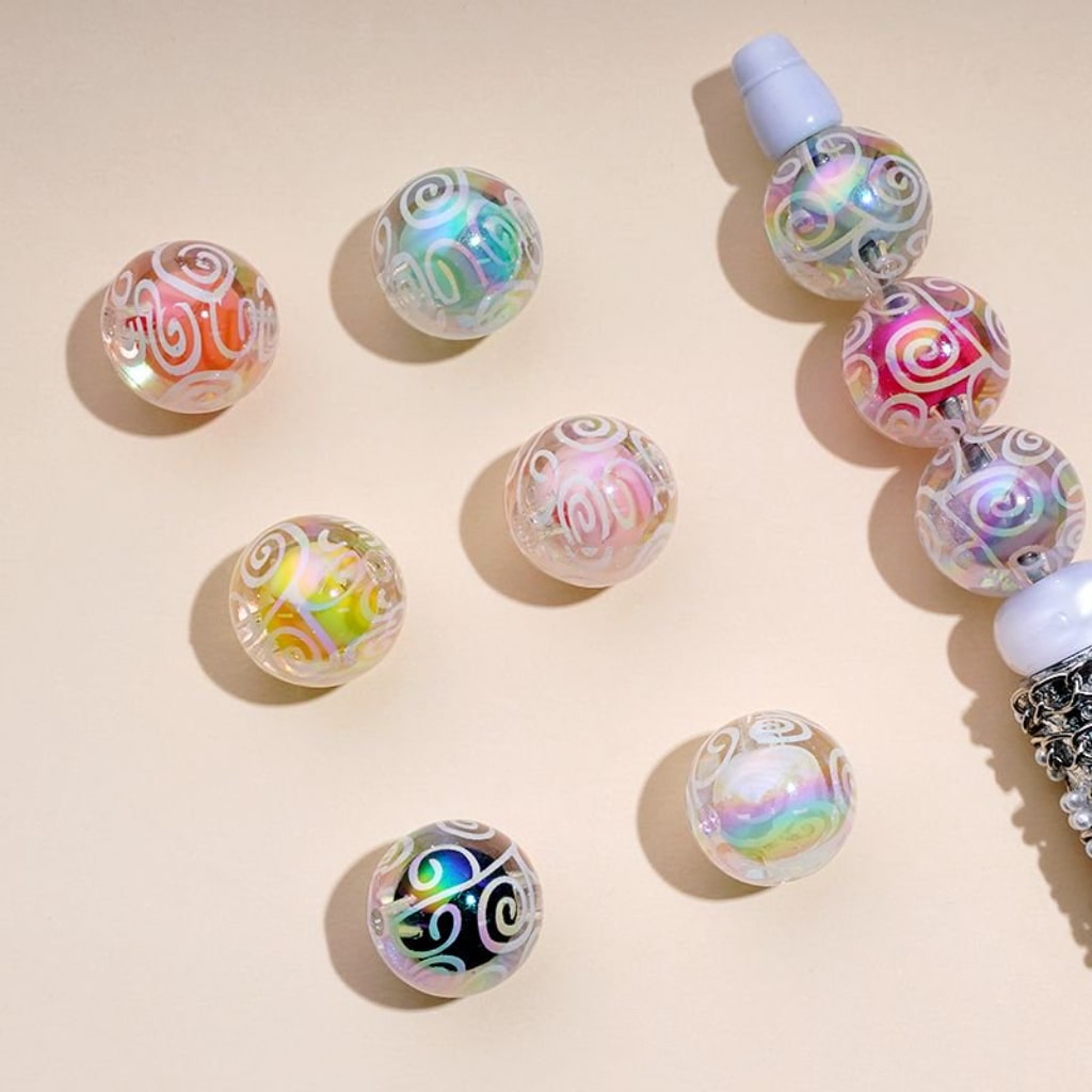 UV Coating with White Pattern Small Colorful Balls Inside, Clear Acrylic Beads 16MM, Random Mix