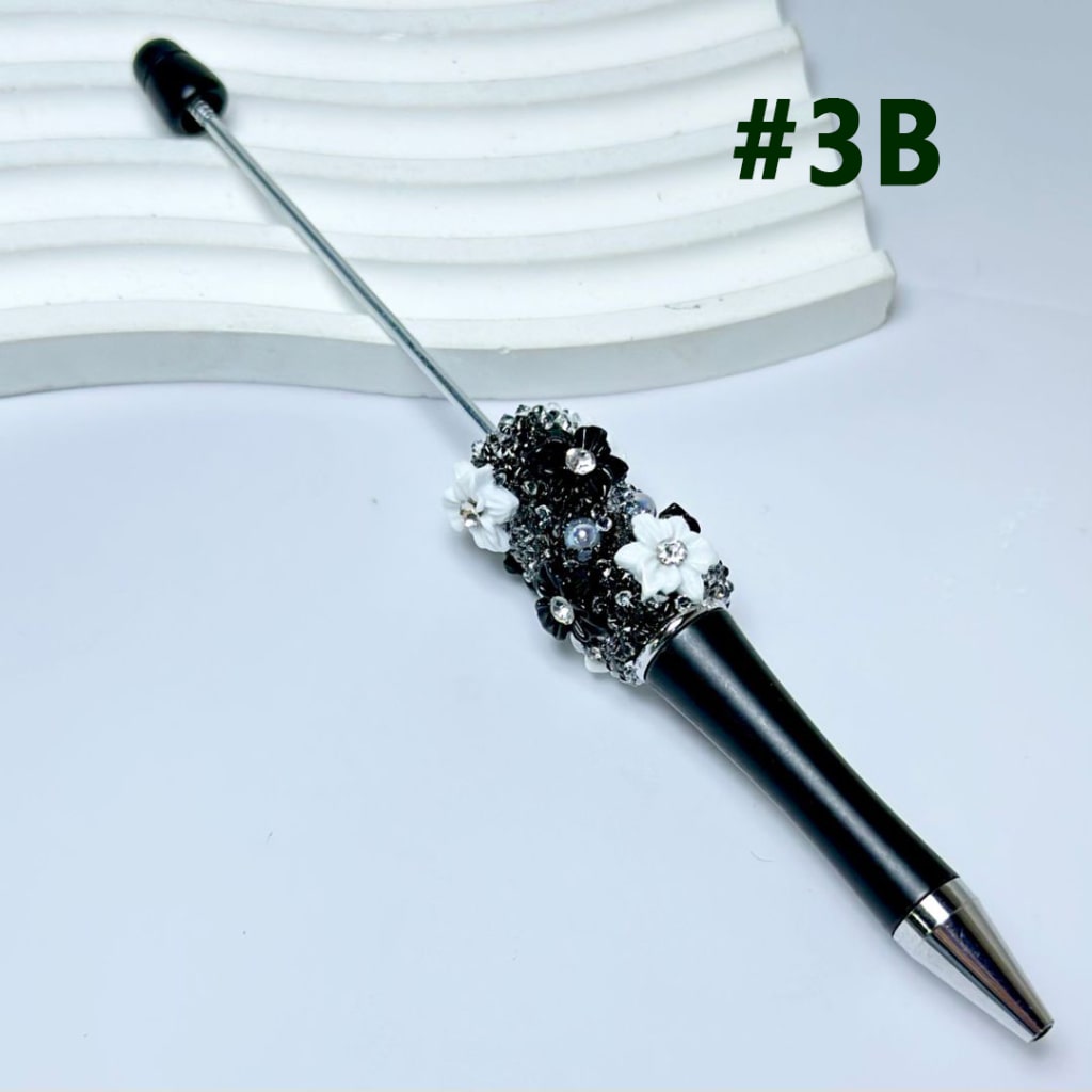 Mini Cute DIY Beadable Pen with Flowers Clear Rhinestone Inside Shiny Pearls in Solid Color