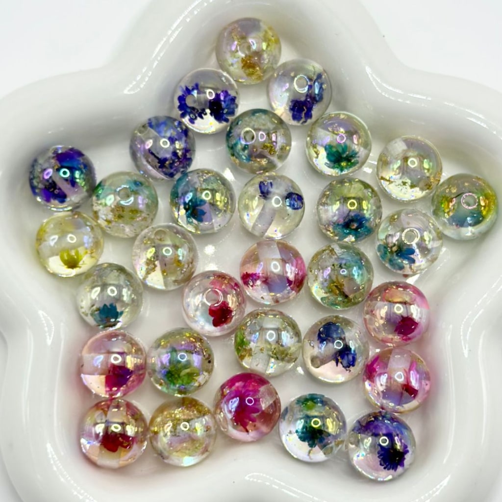 UV Coating Clear Dry Flower and Gold Foil Paper Inside, with Acrylic Beads Random Mix, 16MM
