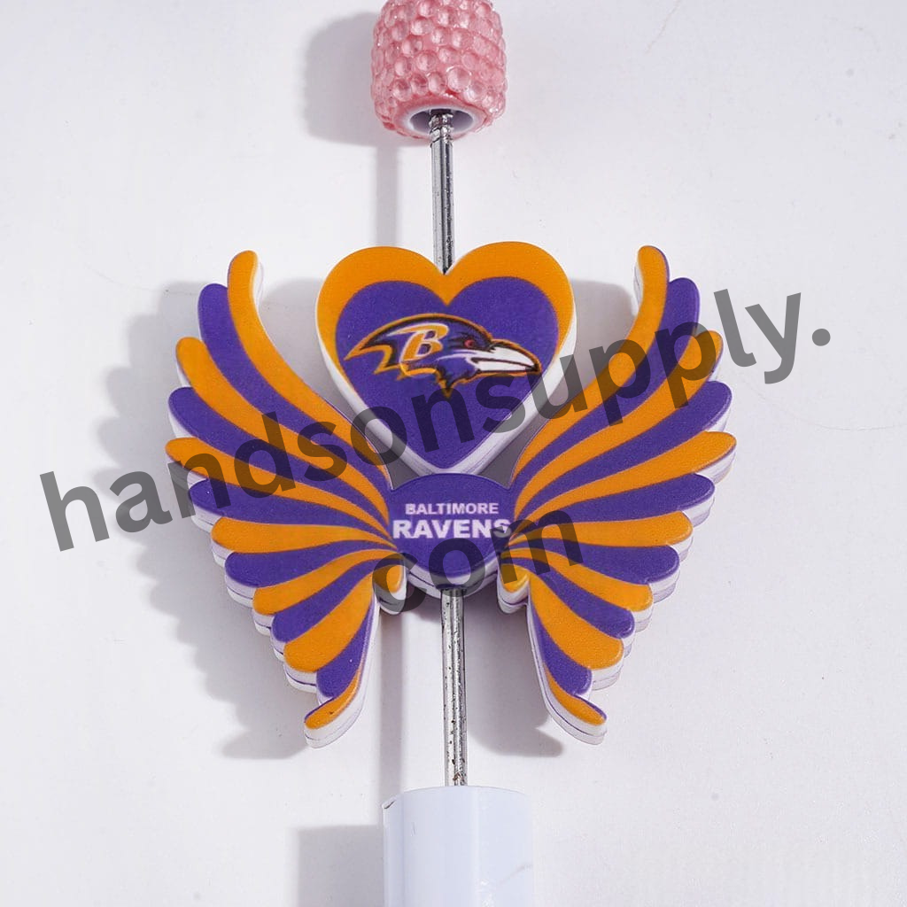 Printed Silicone Focal Beads with Baltimore Ravens Football Team Design, Heart and Wing Set,40*46MM