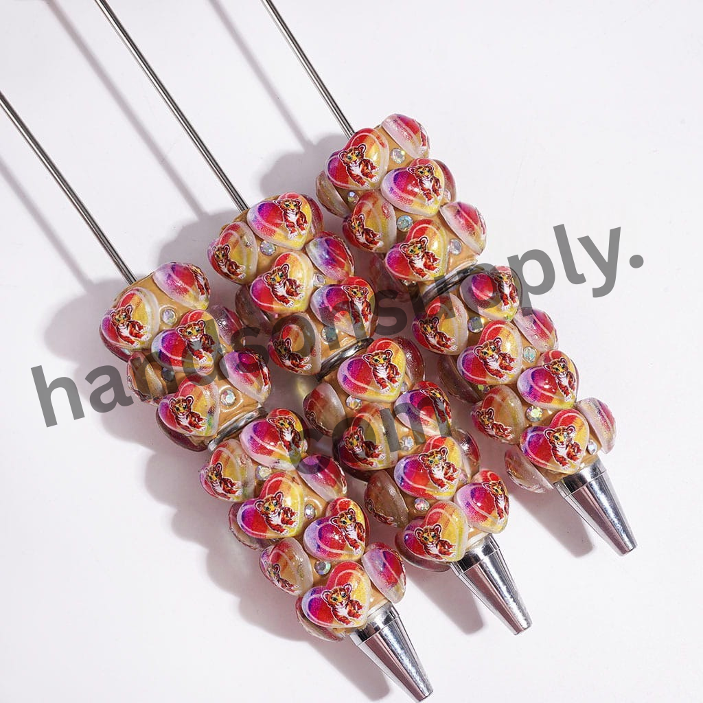 Beadable Clay Pens with Rainbow Heart and Cute Tiger Patterns, AB Rhinestone Accents