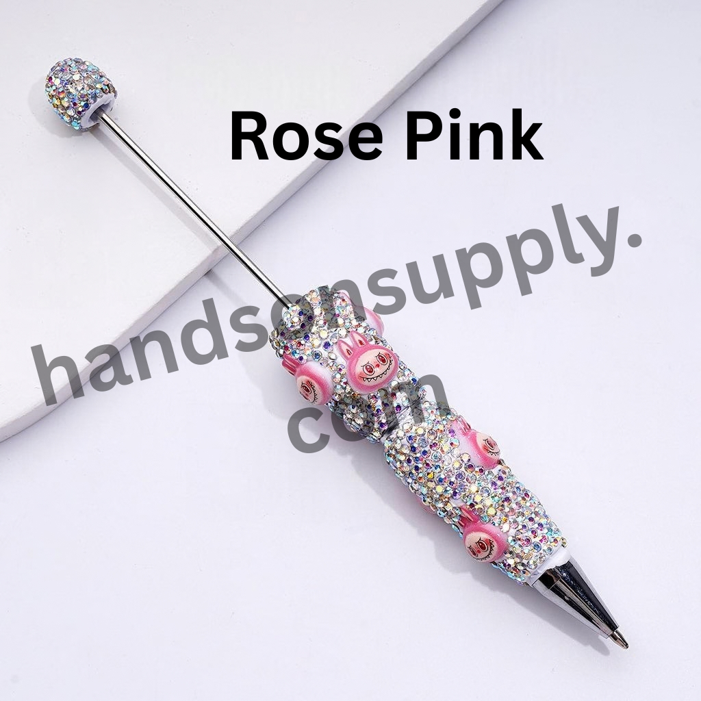 Designer White Beadable Clay Pens with Cute Monster Doll Heads and Full AB Rhinestone Coverage